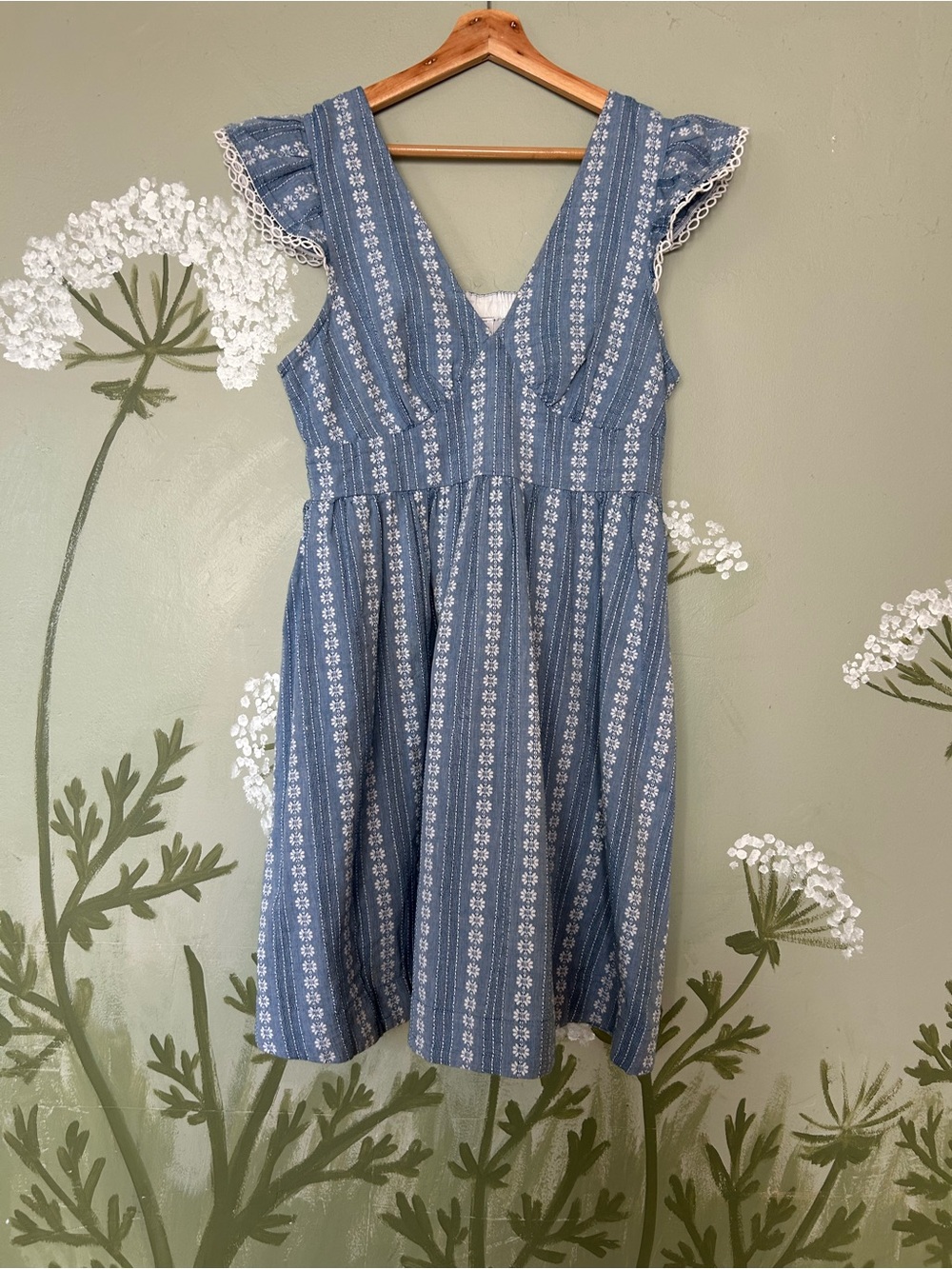 Peyton & Parker Embroidered Blue Floral Stripe V-Neck Cotton Summer Dress